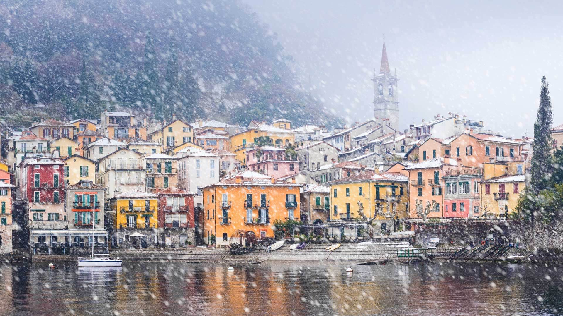 Snow Falls On Lake Como By Microsoft Wallpapers Wallpaperhub